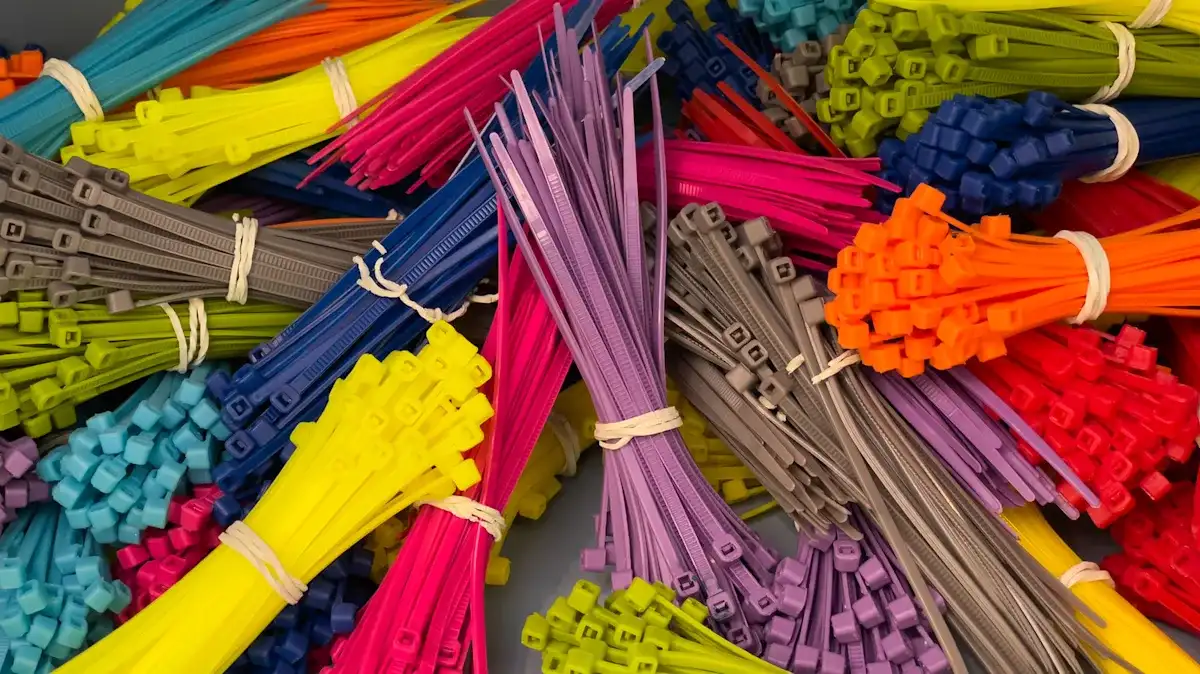 Different types of colorful plastic zip ties for cable management