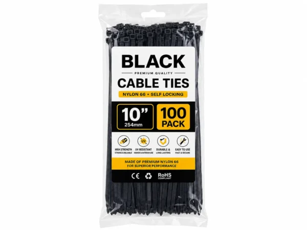 10 Inch Black Cable Ties 100 Pack 250x3.6mm Nylon Zip Ties