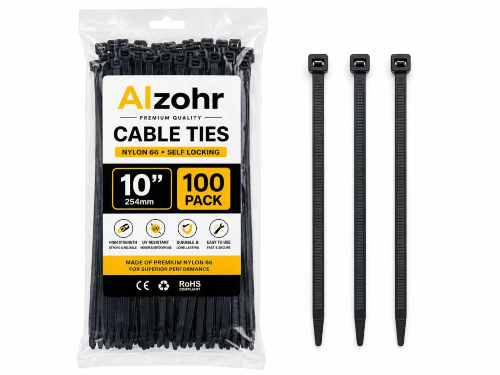 10 Inch Black Cable Ties 100 Pack 250x3.6mm Nylon Zip Ties