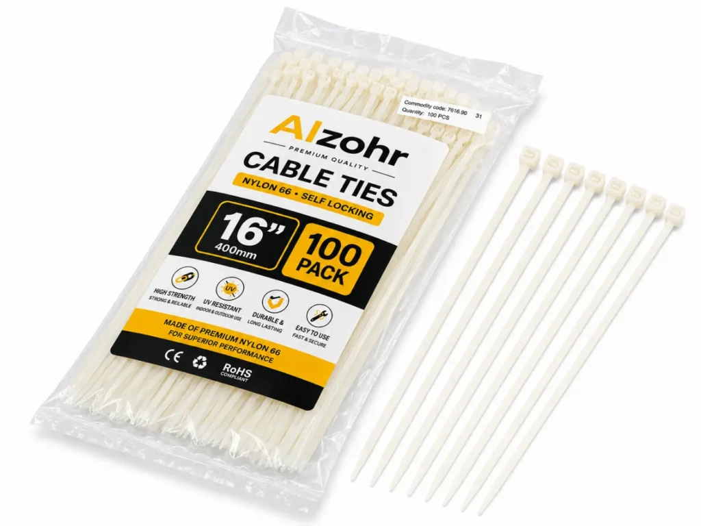 16 Inch 400mm White Heavy Duty Cable Ties 100 Pack 220N
