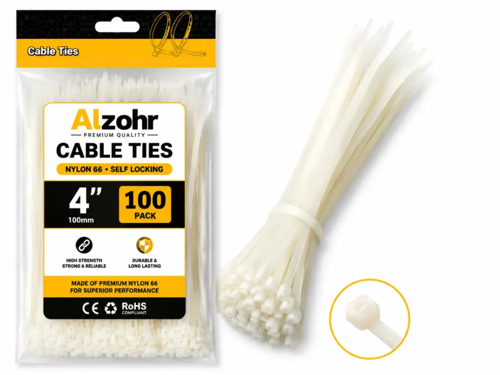 Cable Ties 4 Inch 100 Pack — Nylon 66 Self Locking White Zip Ties