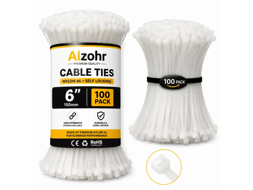 Cable Ties 6 Inch 100 Pack – Nylon 66 Self-Locking White Zip Ties 150mm