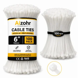 Cable Ties 6 Inch 100 Pack – Nylon 66 Self-Locking White Zip Ties 150mm