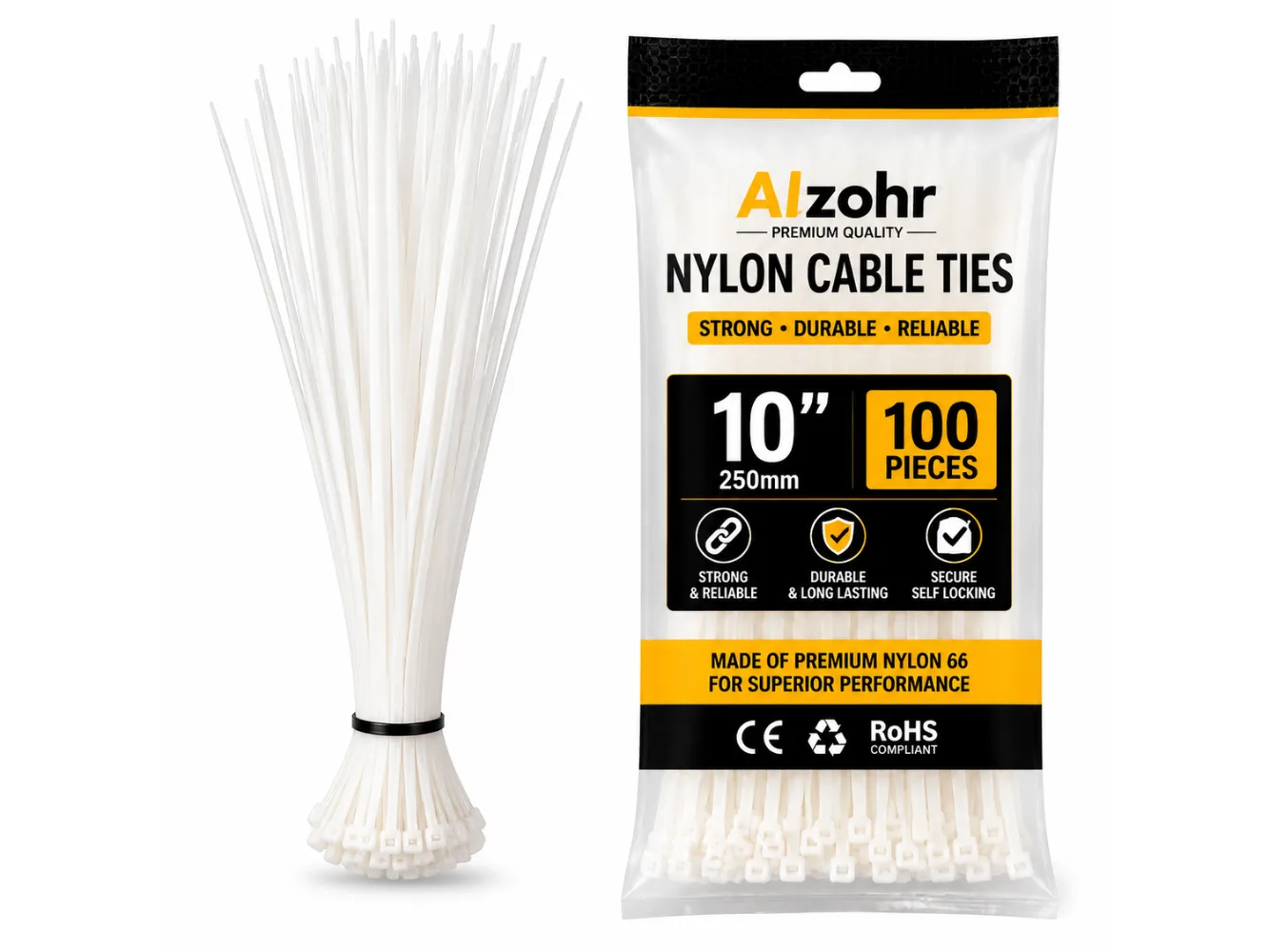 Nylon Cable Ties 10 Inch 100 Pack — Self Locking White Zip Ties