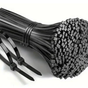 Bundle of black nylon cable ties (zip ties) with self-locking fasteners, displayed on a white background for cable management, wire organization, and general fastening applications