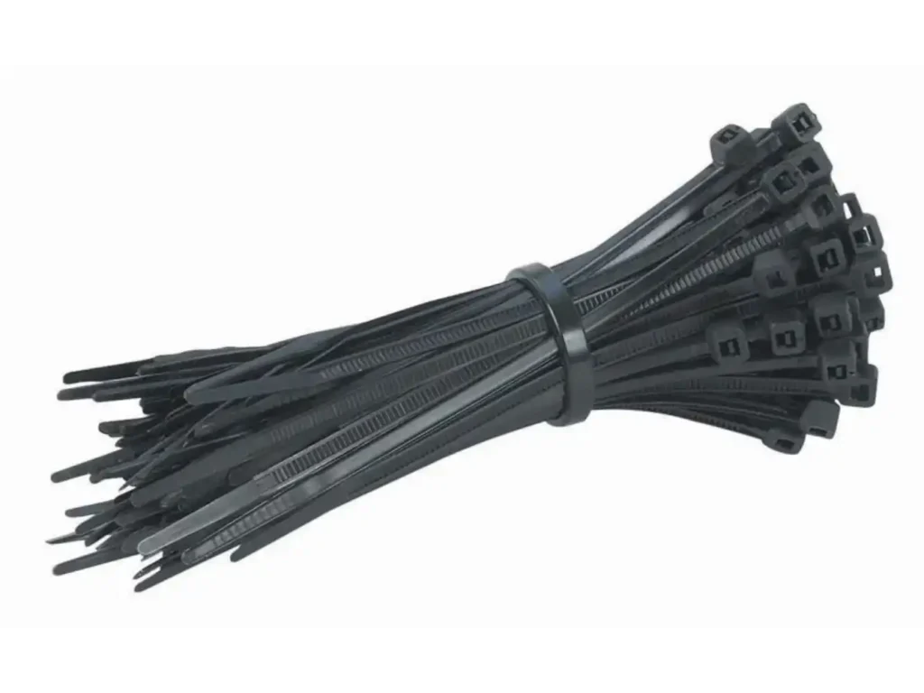 UV-resistant black cable ties bundle neatly arranged and secured with a band, used for cable management and organization.