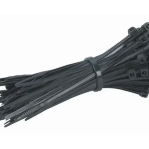 UV-resistant black cable ties bundle neatly arranged and secured with a band, used for cable management and organization.