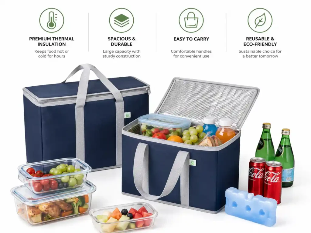 Foldable Reusable Insulated Shopping Tote in Dark Blue