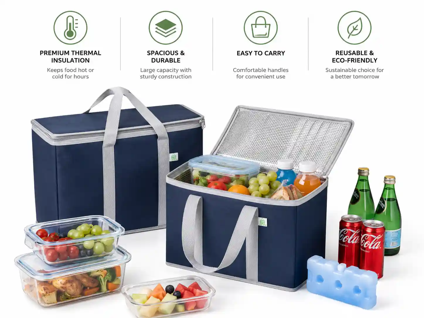 Foldable Reusable Insulated Shopping Tote in Dark Blue