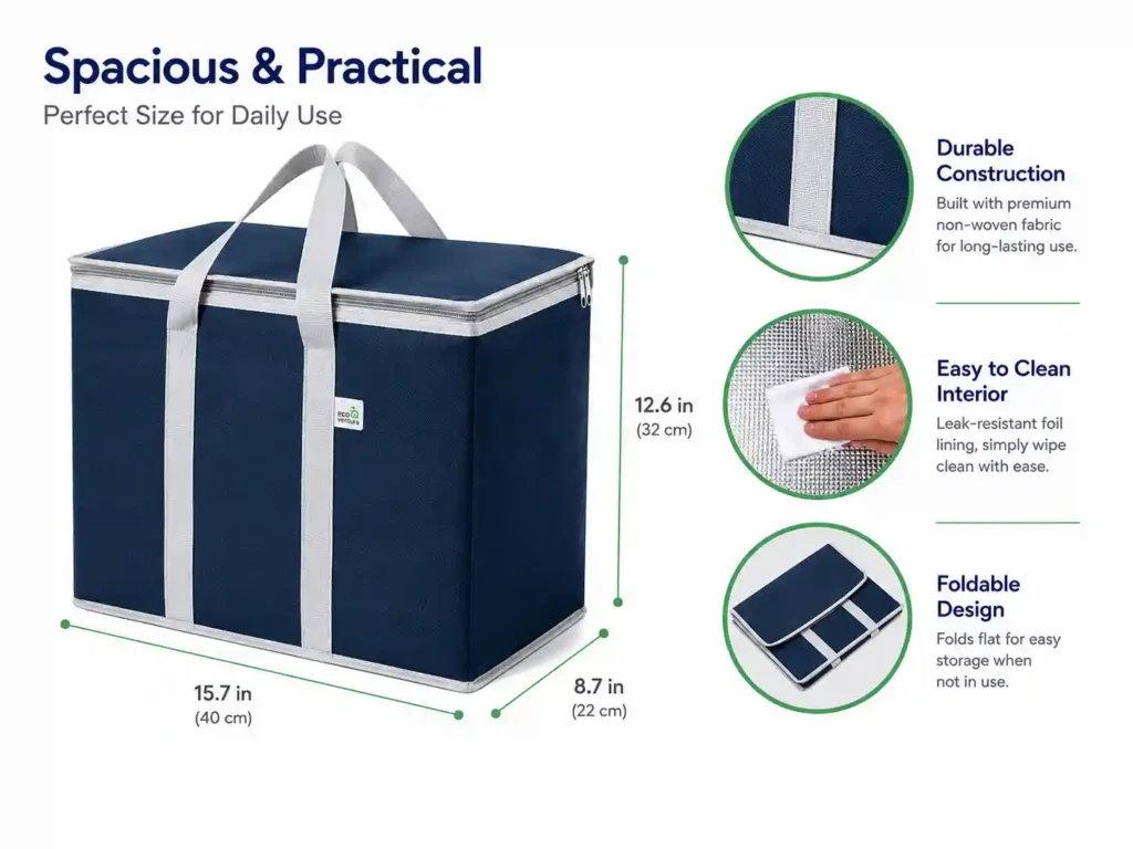 Heavy Duty Insulated Cooler Bag, Foldable Reusable Shopping Tote