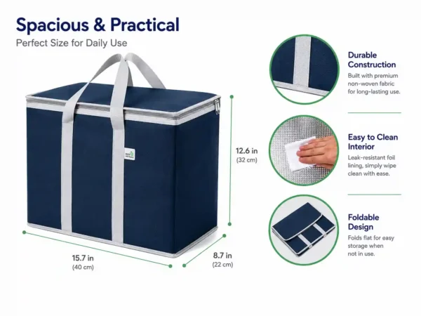 Heavy Duty Insulated Cooler Bag, Foldable Reusable Shopping Tote